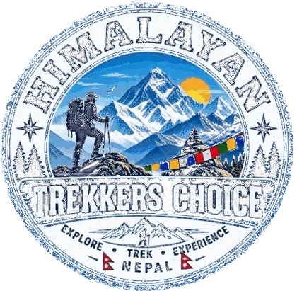 The Himalayan Trekkers Choice badge: a hiker on a summit under the sun, with prayer flags, on navy