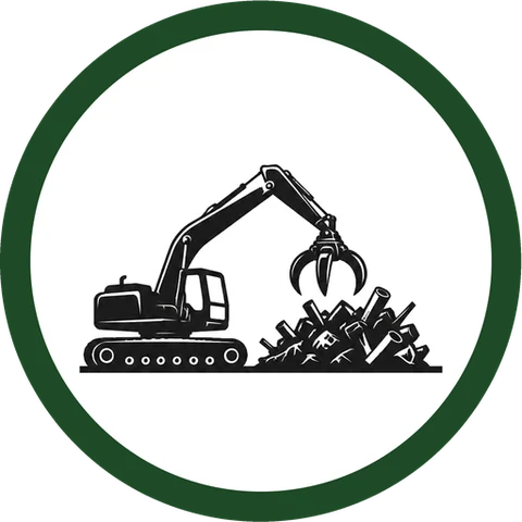 The Kavre Scrap Yard badge: a grapple excavator lifting scrap, inside a green ring