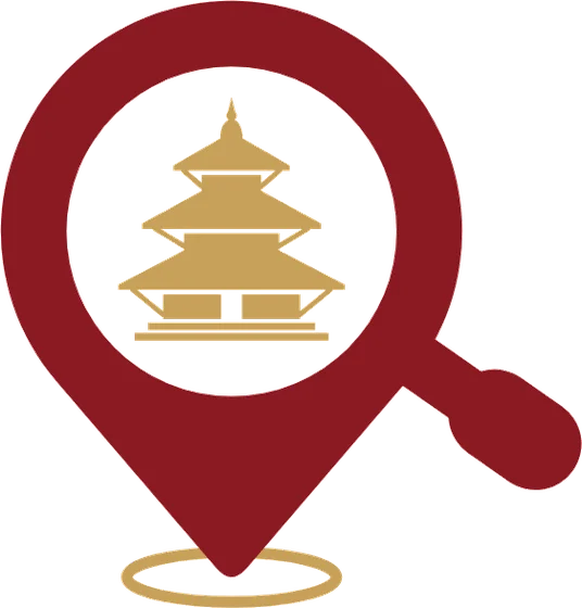 The Khoji mark, a crimson map pin shaped like a magnifying glass with a golden pagoda inside