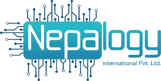 The Nepalogy wordmark in cyan over a circuit-board pattern, with International Pvt. Ltd. beneath