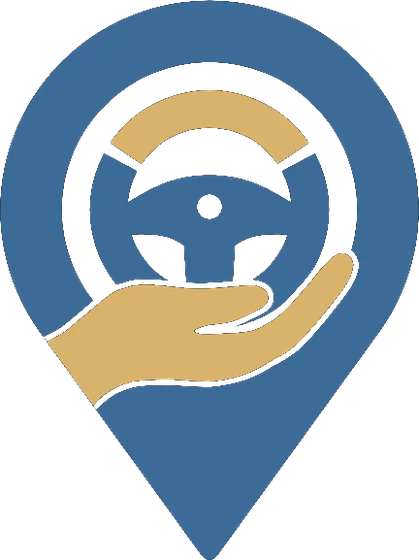 The Sahayatri mark, a blue map pin holding a steering wheel cradled in an open hand
